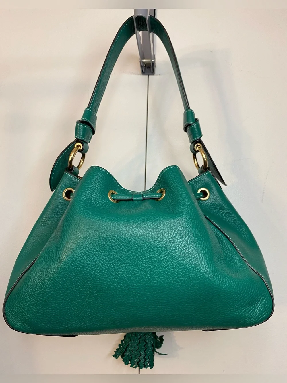 Coach Everly Jade Green Leather Drawstring Bucket Bag, Tassel w/ gold hardware